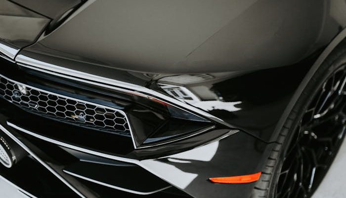 Close-up view of a glossy black sports car front bumper and hood.